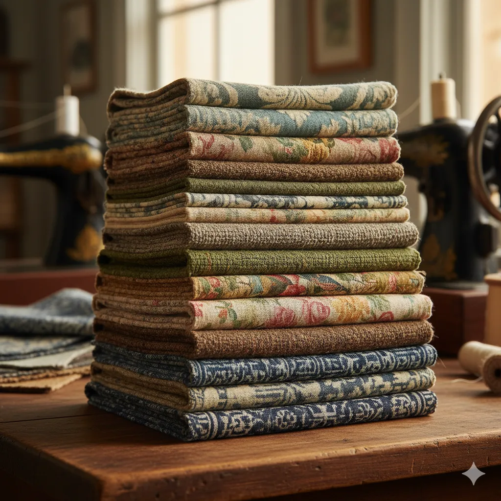 Set of neatly stacked fabric swatches in vintage textures