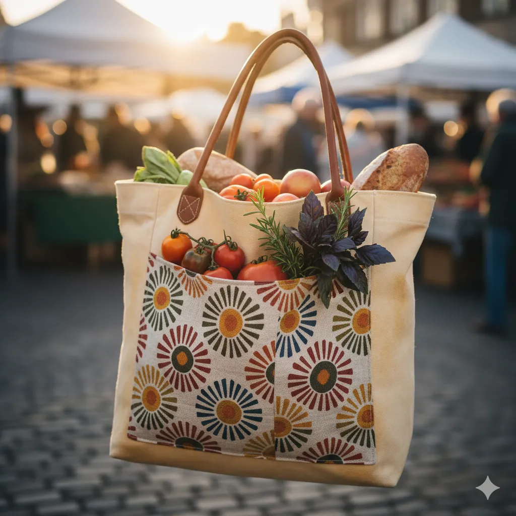 Market Morning Tote in warm canvas with patterned pocket
