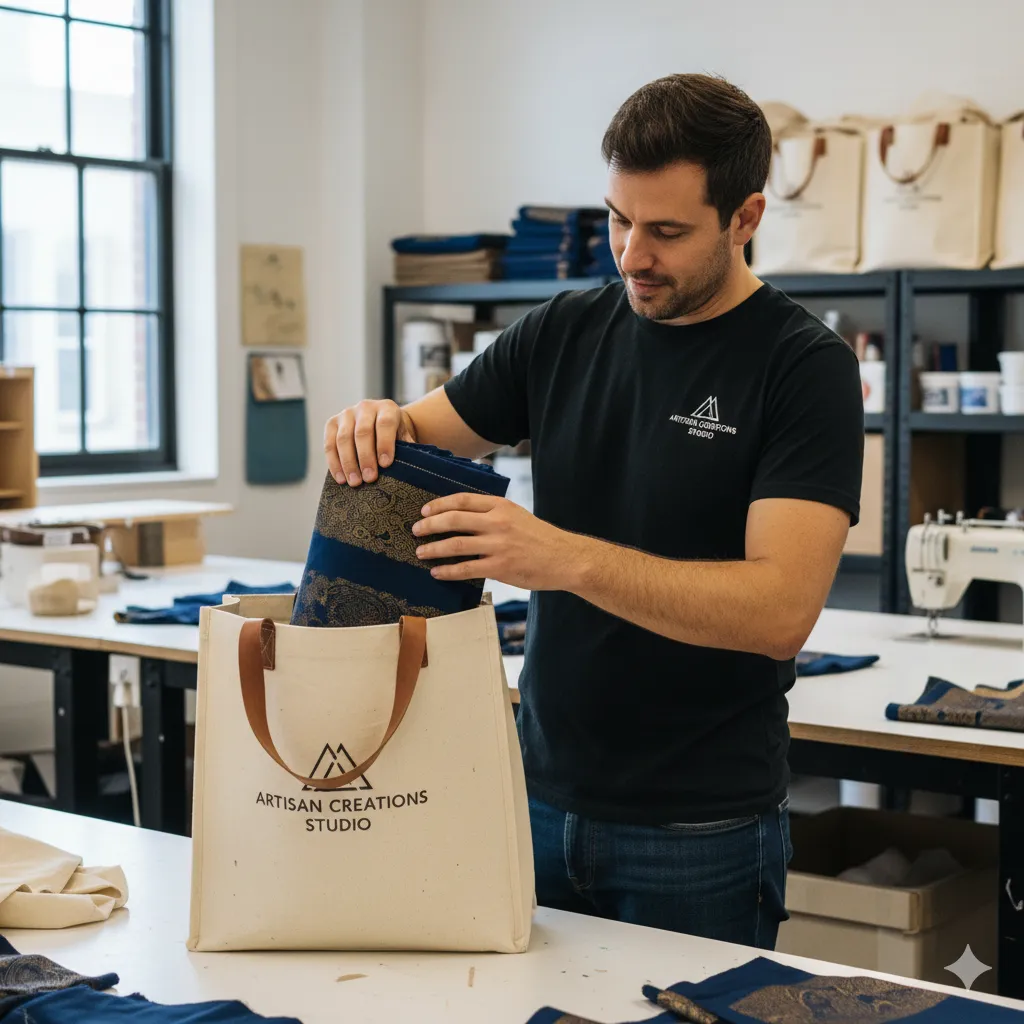 Portrait of the studio coordinator packing a finished bag