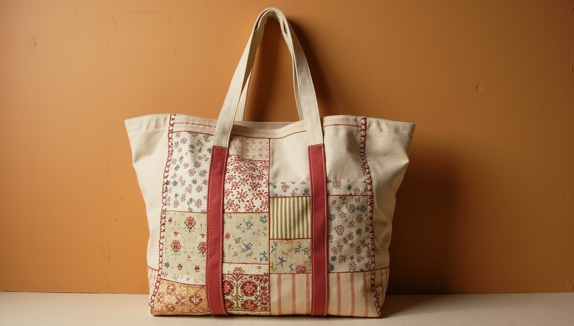 Soft canvas tote with patchwork vintage fabric panels