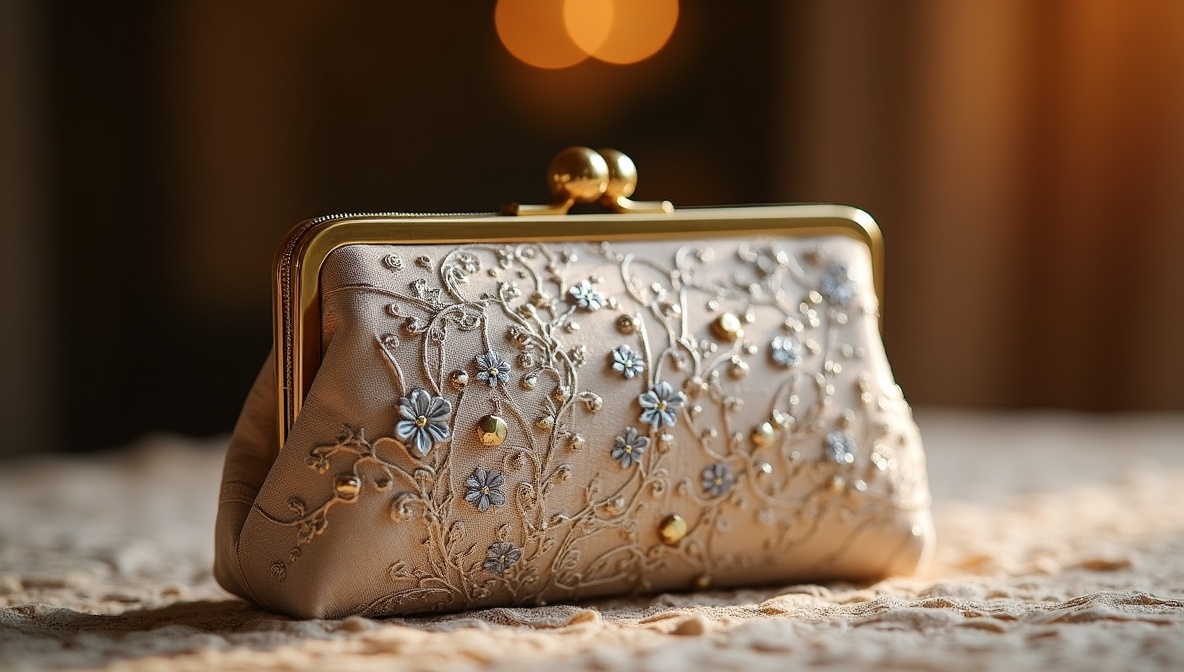 Mini evening clutch with embroidered fabric and brass zipper