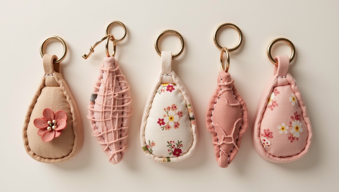 Set of fabric key charms in muted rose and sand tones